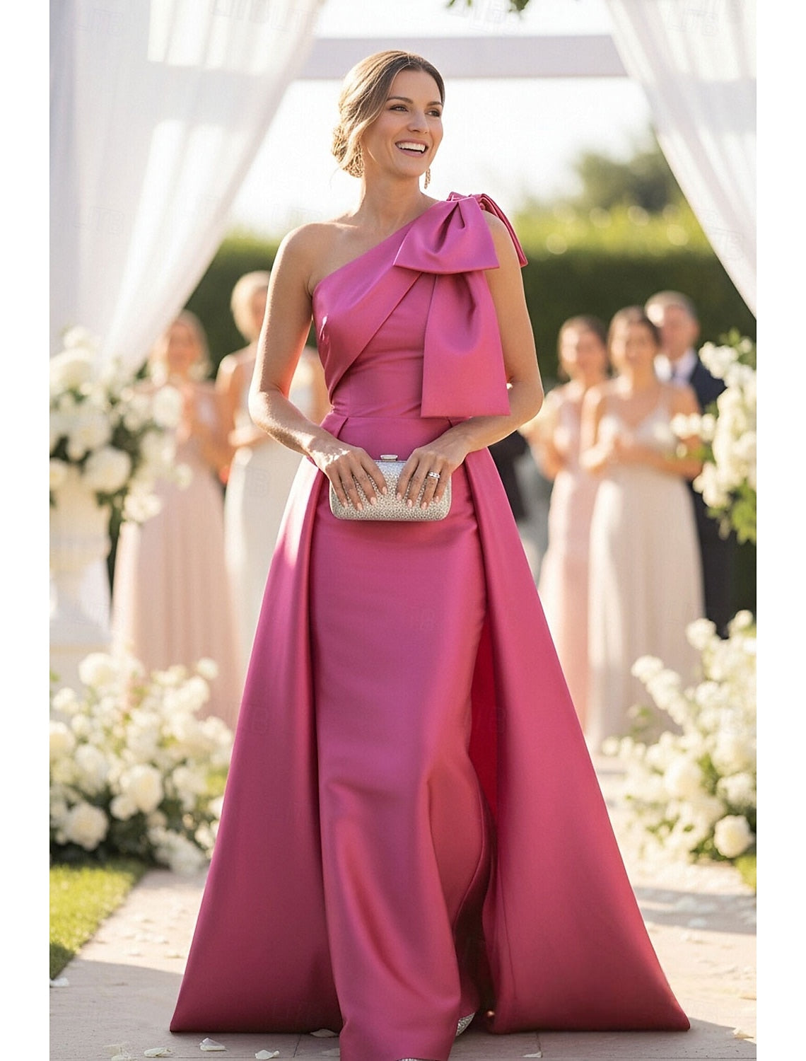 Fuchsia One Shoulder Sleeveless Mermaid Bow Evening Dress Formal