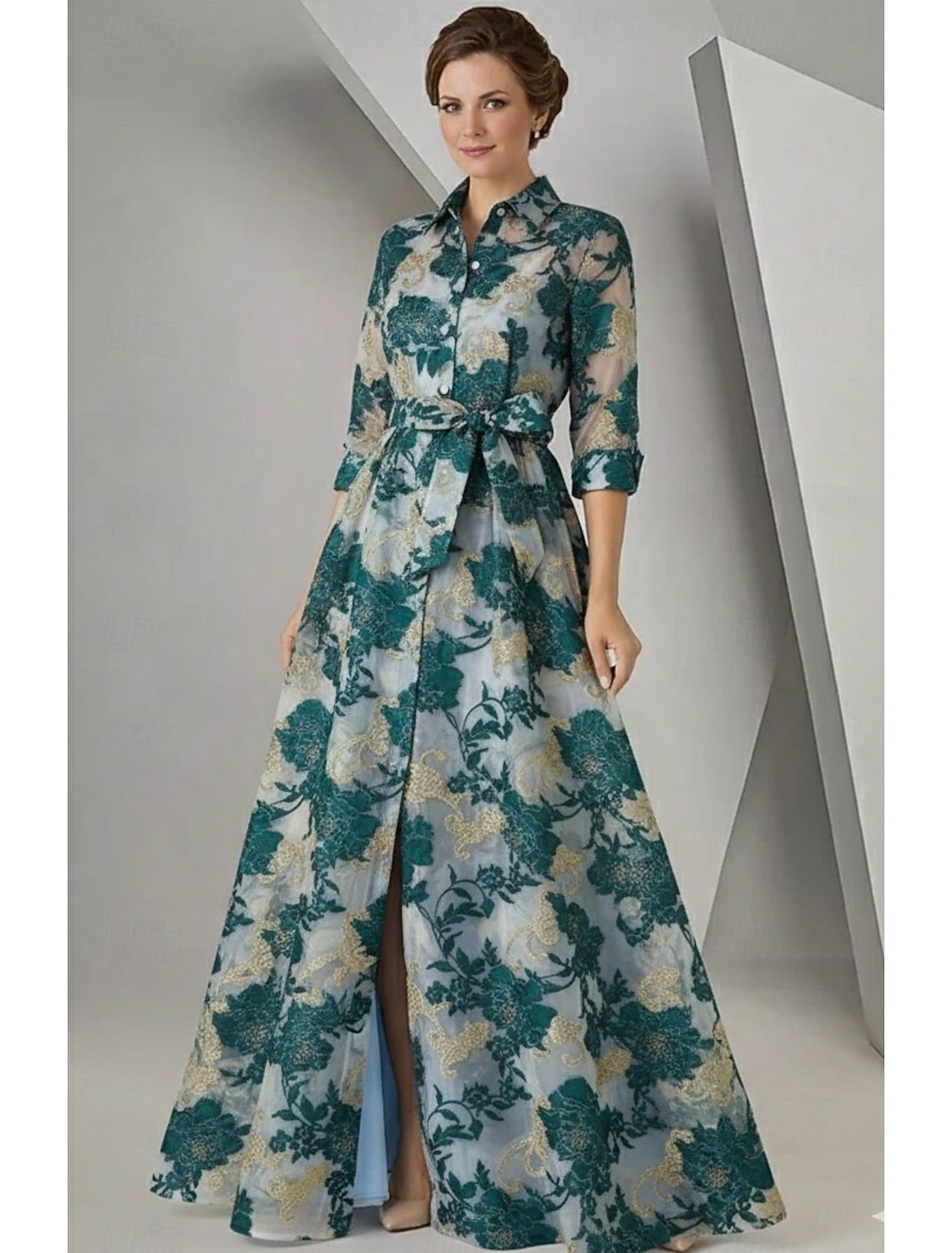 Flowers Floral Print 3/4 Sleeve A-Line Women Evening Dress
