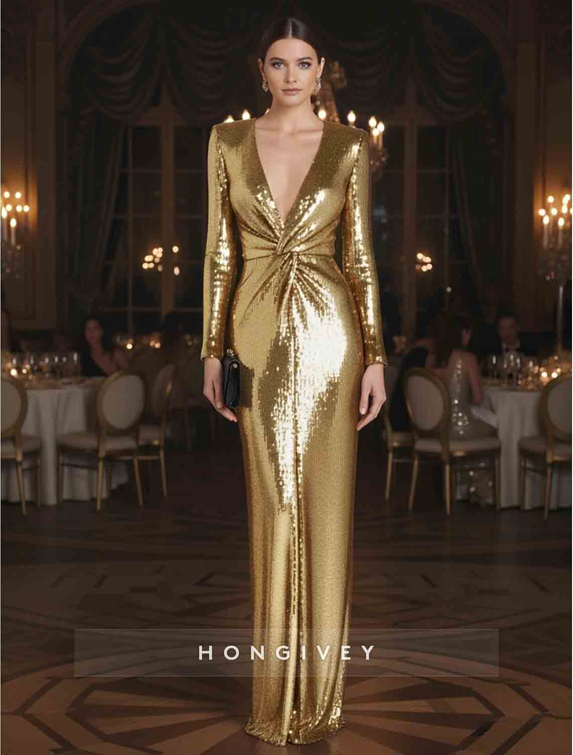 Sequined V Neck Mermaid Evening Gown Glittering