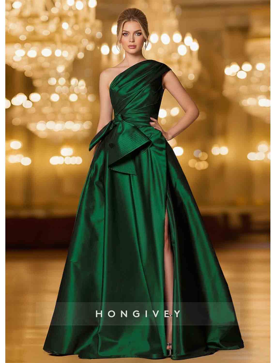 One Shoulder Bow A-Line Slit Evening Dress