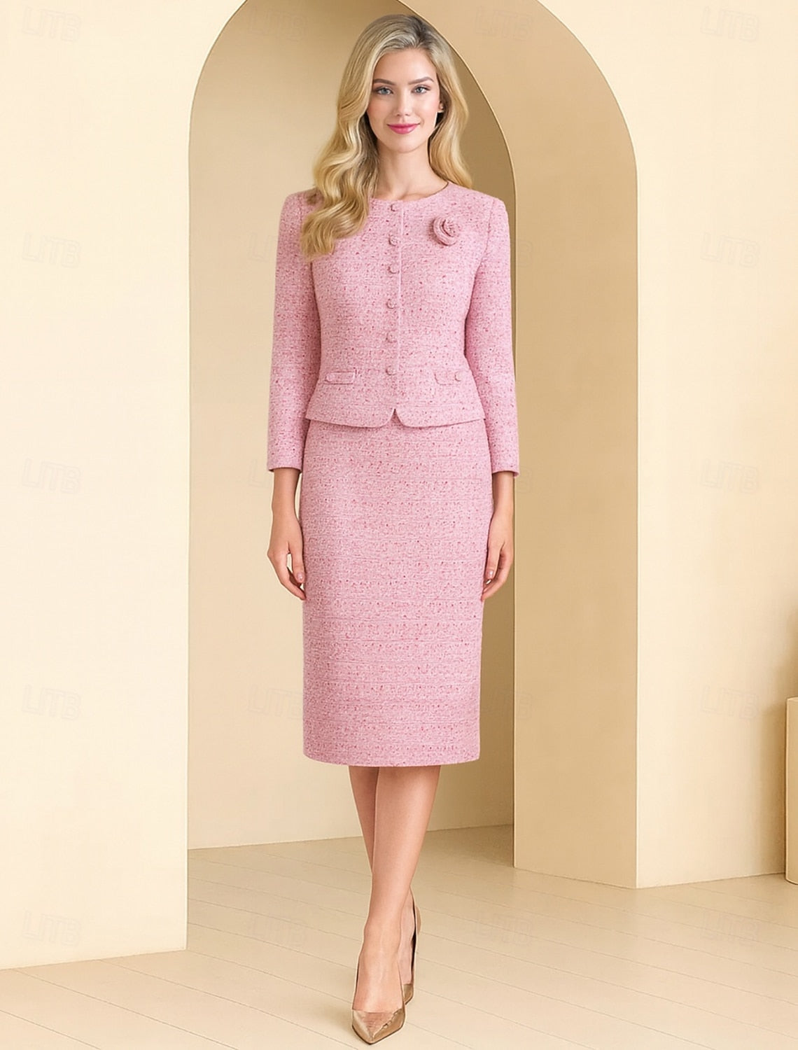 Pink Long Sleeve Flowers Mermaid Knee-Length Formal Evening Dress