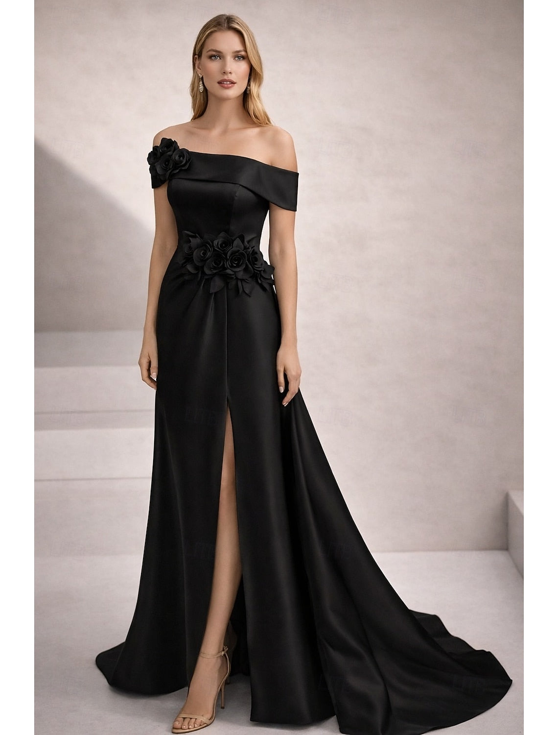 Off the Shoulder Flowers Sleeveless A-Line Side Slit Evening Dress