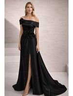 Off the Shoulder Flowers Sleeveless A-Line Side Slit Evening Dress