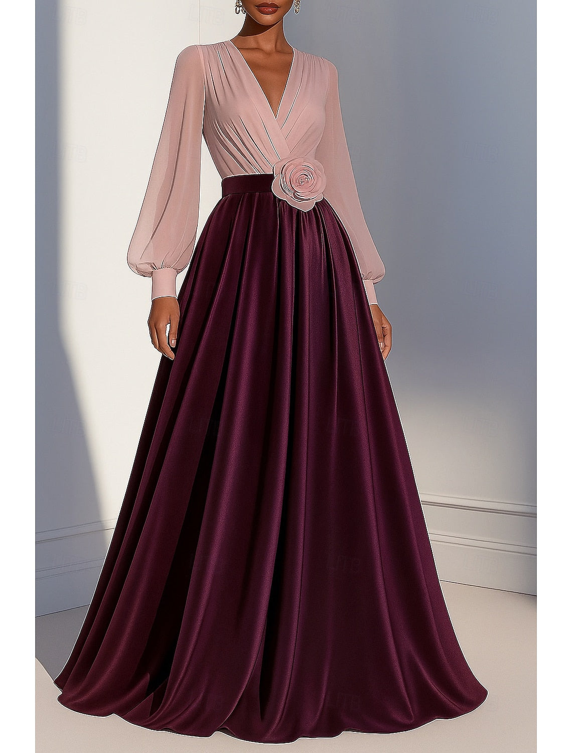 V-Neck Long Sleeve Flowers A-Line Floor-Length Evening Dress