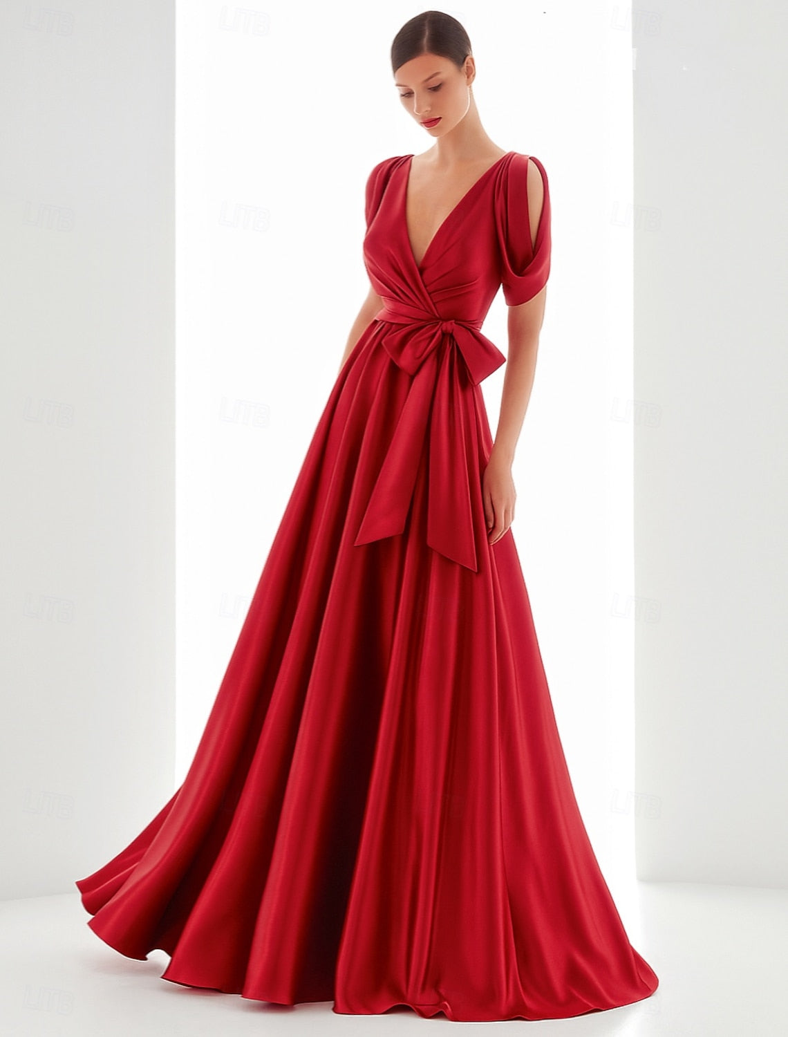V-Neck Half Sleeve Bow A-Line Evening Dress Mother of the Bride Dress