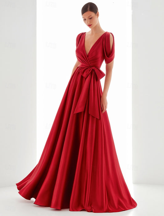 V-Neck Half Sleeve Bow A-Line Evening Dress Mother of the Bride Dress