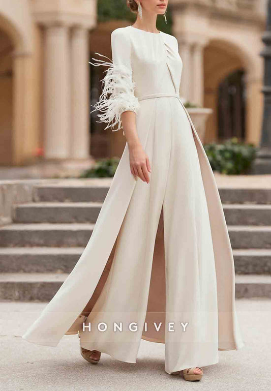 Feather A-line Floor-Length Pleated 3/4 Sleeve Mother of the Bride