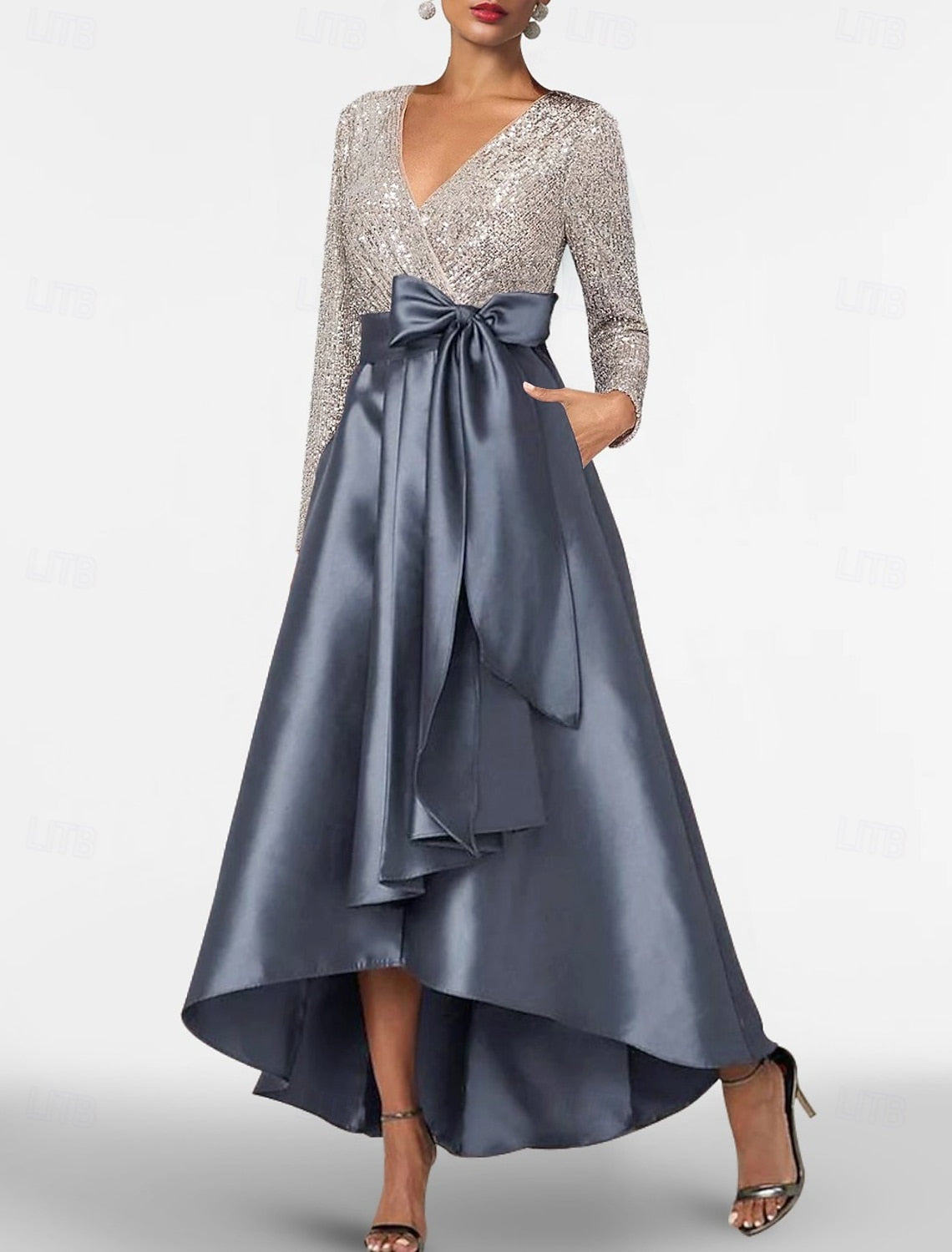 V-Neck Long Sleeve Sparkle Sequins A-Line Ankle-Length Mother of the Bride Dress