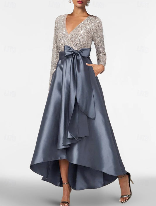 V-Neck Long Sleeve Sparkle Sequins A-Line Ankle-Length Mother of the Bride Dress