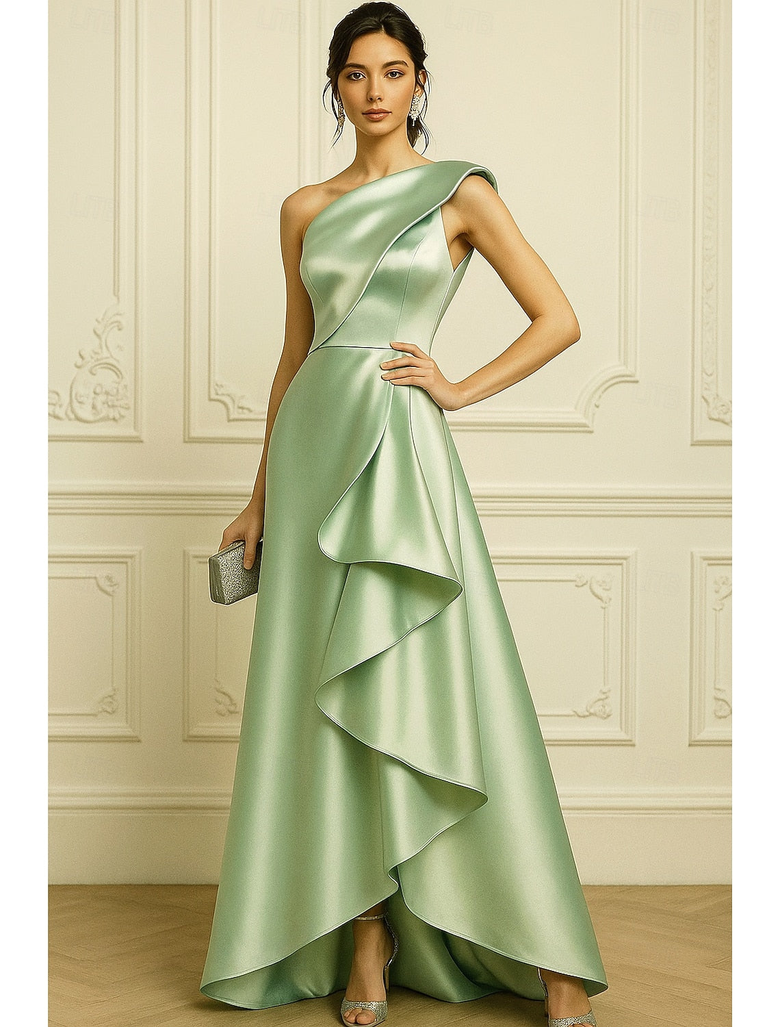 One Shoulder Sleeveless A-Line Ruffle Evening Gown Mother of the Bride Dress