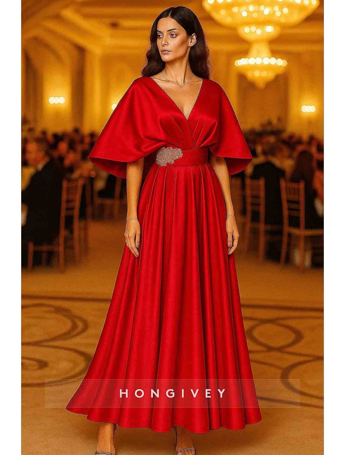 A-line Ankle-Length V Neck Flutter Sleeves Evening Gown Appliqued