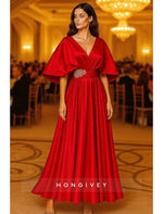 A-line Ankle-Length V Neck Flutter Sleeves Evening Gown Appliqued