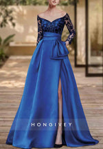 Floor-Length Off the Shoulder Long Sleeves Satin Evening Gowns with High Slit