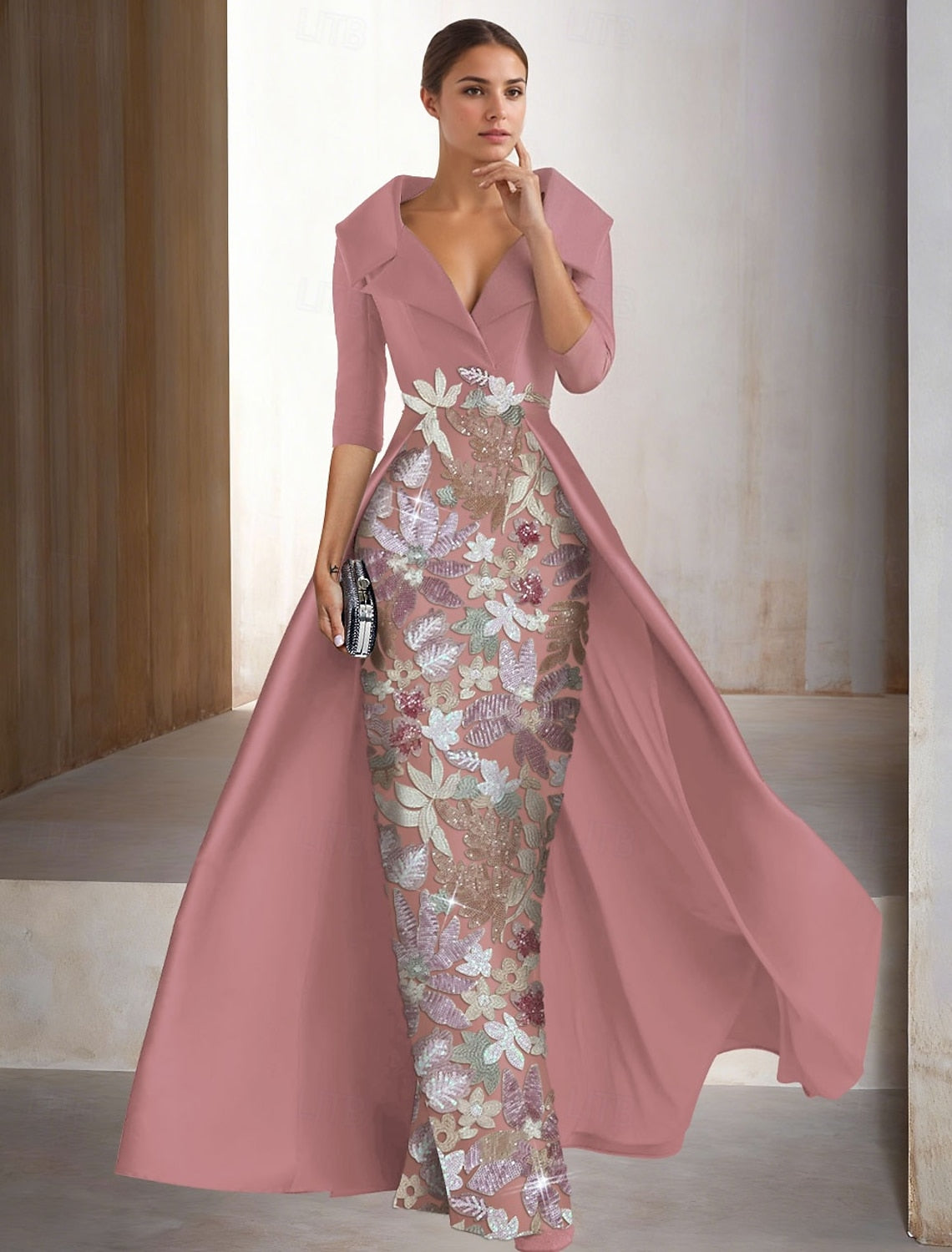 Sparkle Sequins Floral Print Flowers 3/4 Sleeve Mermaid Evening Dress