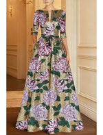 Gold Floral Embroidered A-Line Evening Gown Formal Wedding Floor Length Half Sleeve V Neck Capes Sequined with Pocket