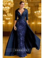 V-Neck Court Train 3/4 Sleeve Evening Dress