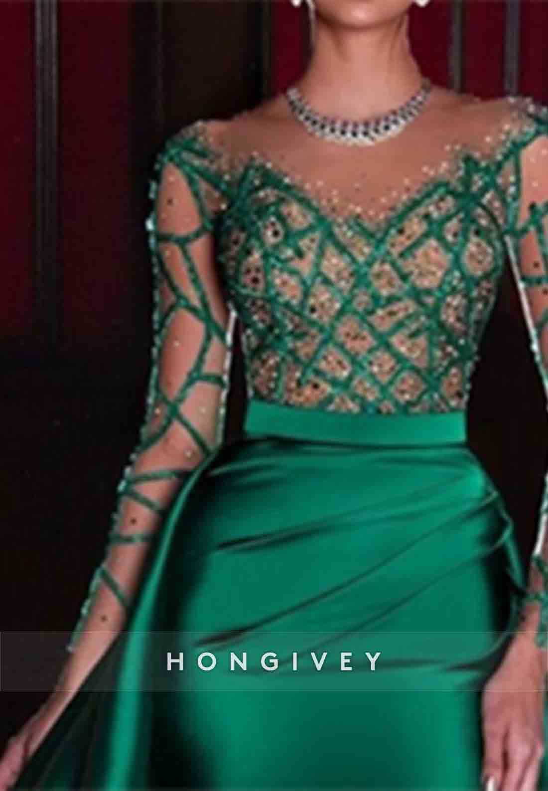 Satin Long Sleeves Detachable Illusion Neck Evening Gowns with Beading