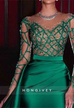 Satin Long Sleeves Detachable Illusion Neck Evening Gowns with Beading