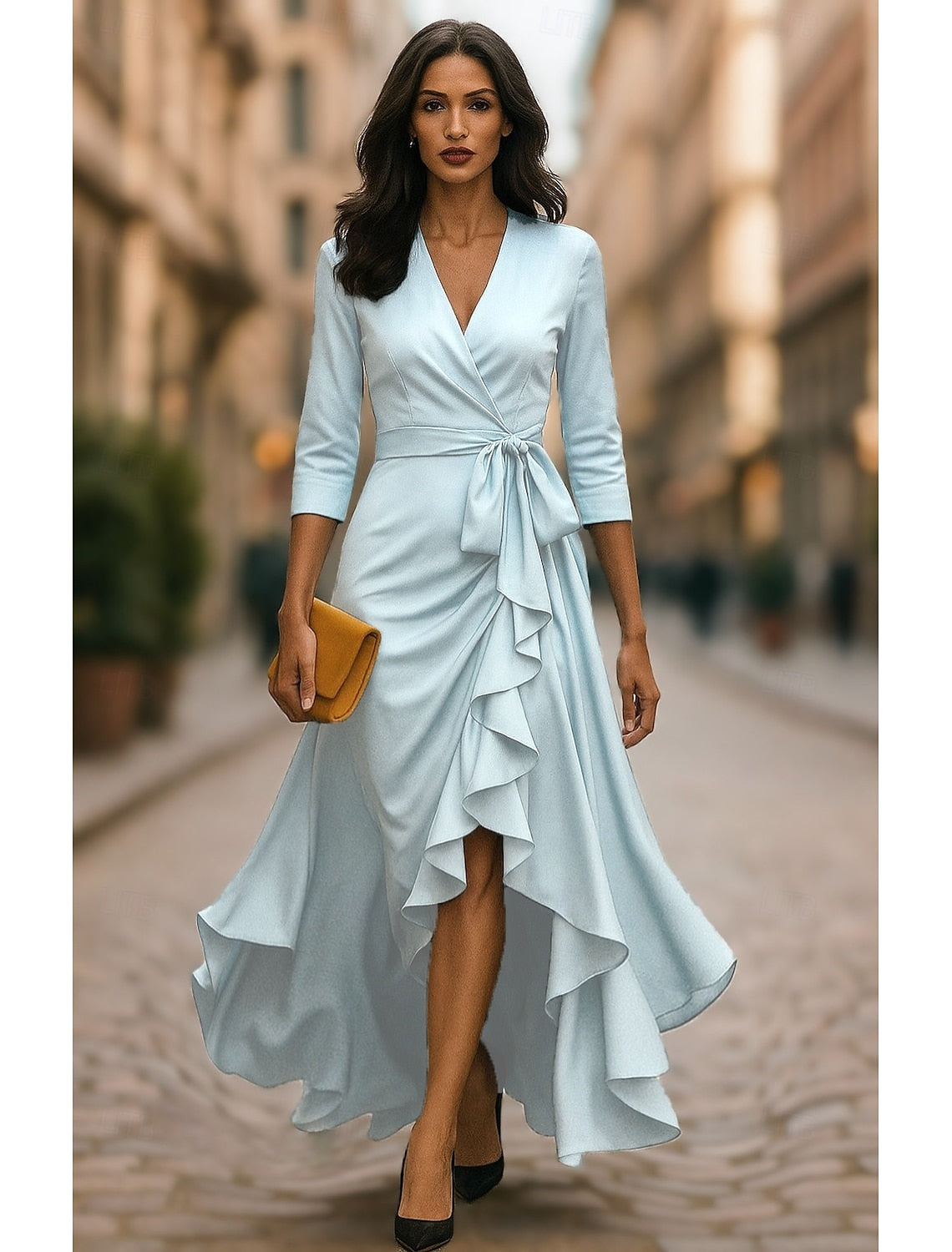 V-Neck 3/4 Sleeve A-Line Bow Ankle-Length Ruched Evening Dress