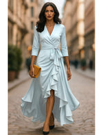 V-Neck 3/4 Sleeve A-Line Bow Ankle-Length Ruched Evening Dress