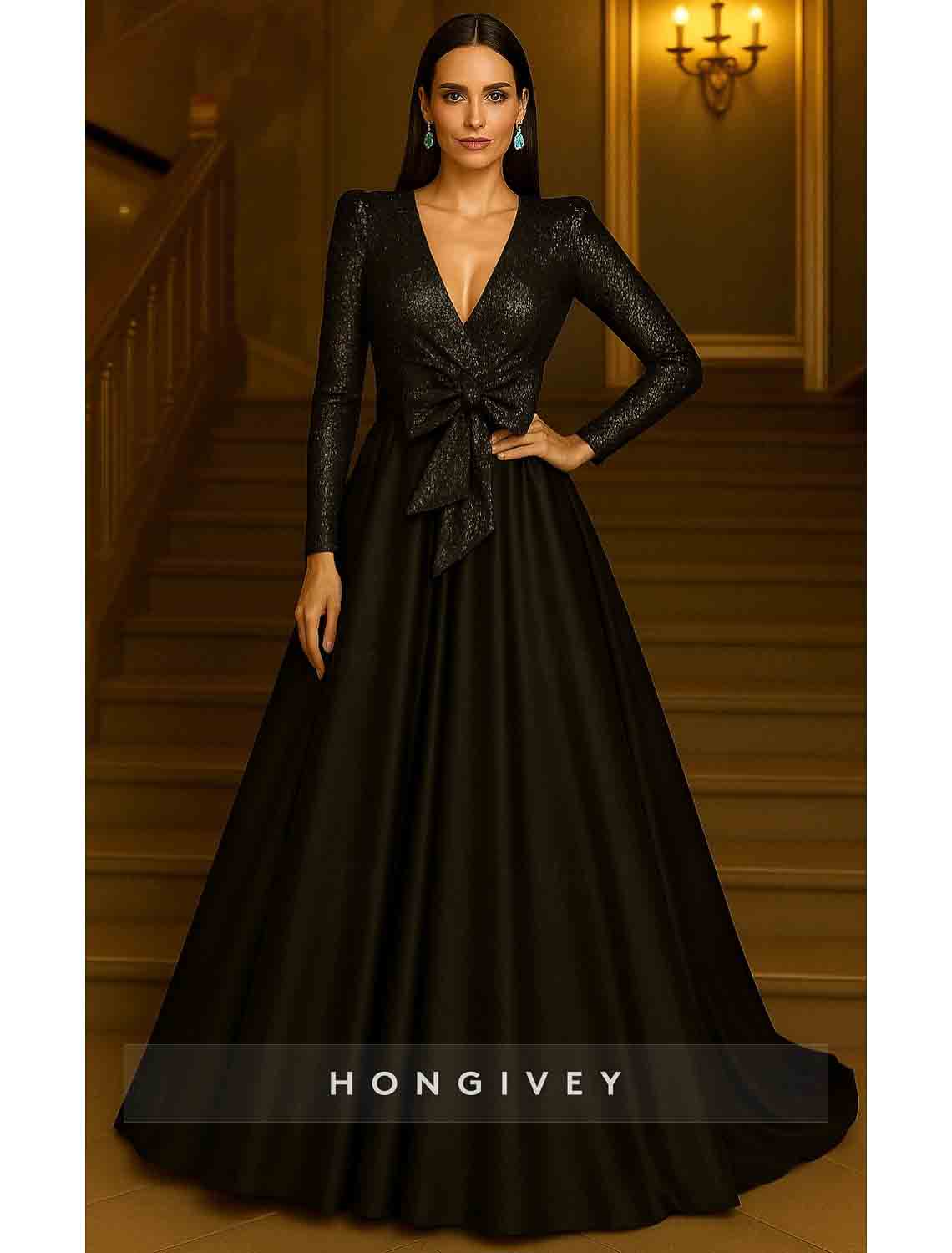 V Neck Sequined Evening Gown A-line Long Sleeve