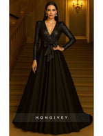 V Neck Sequined Evening Gown A-line Long Sleeve