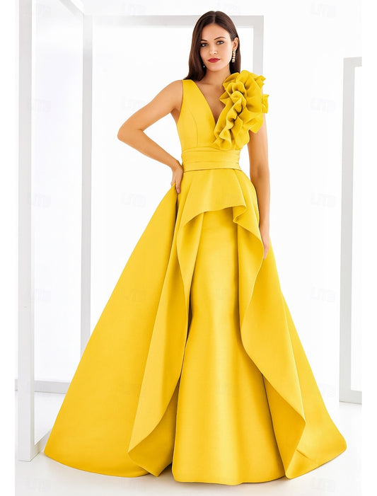 V Back Ruched Floor-Length A-Line V-Neck Sleeveless Evening Gowns