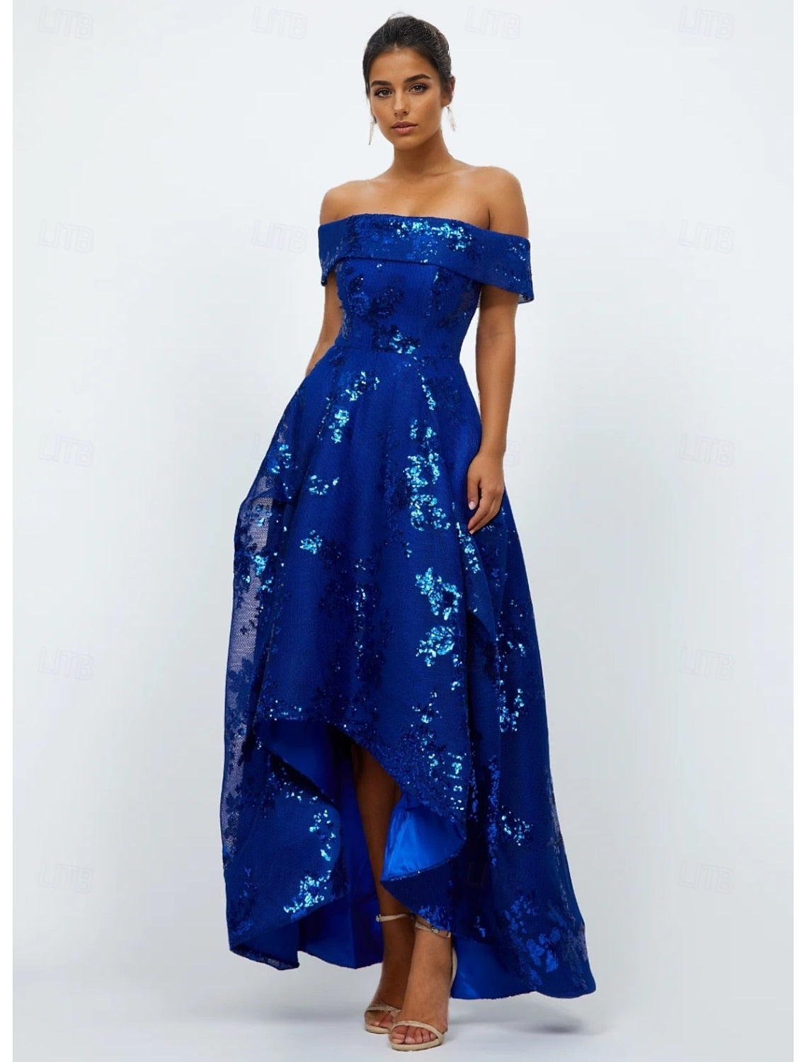 Sparkle Sequins Off the Shoulder A-Line Ankle-Length Formal Evening Dress