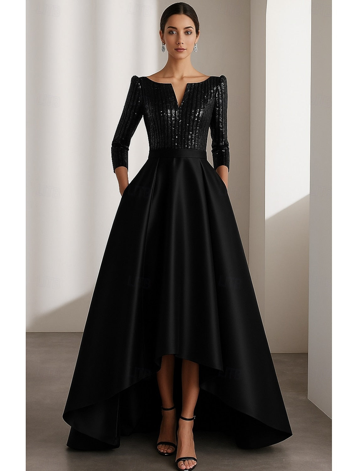 Sparkle Sequins A-Line 3/4 Sleeve Floor-Length Evening Dress