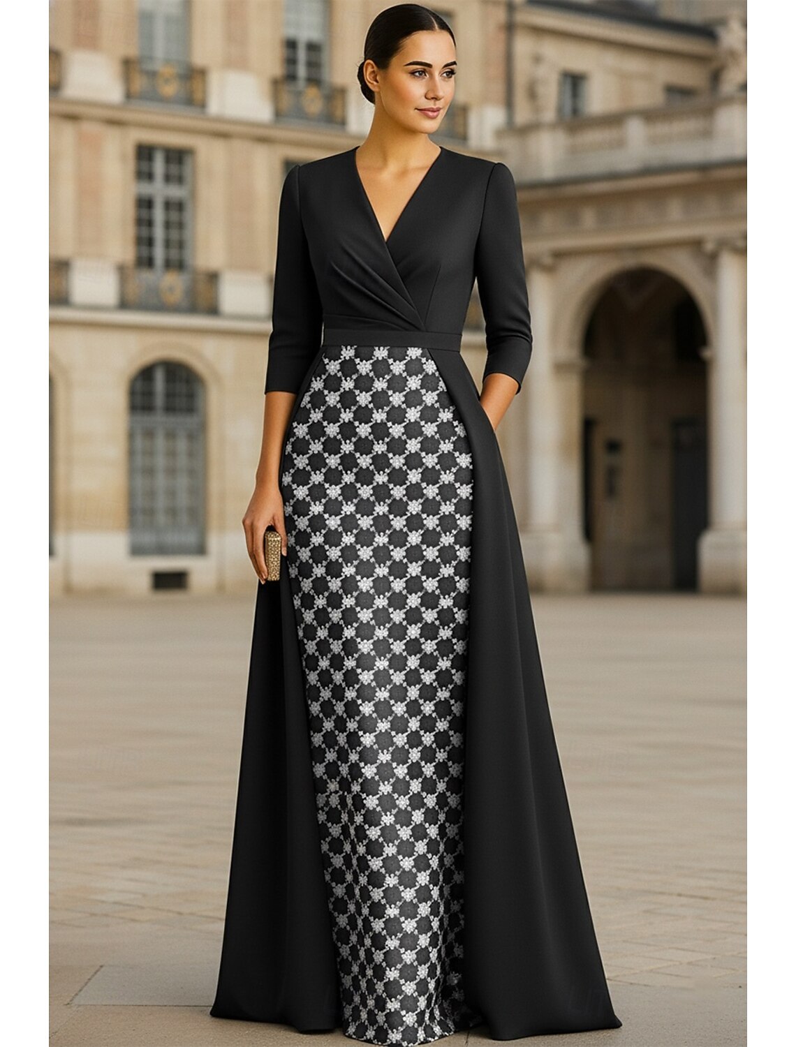 Luxury Beaded V-Neck 3/4 Sleeve Mermaid Sparkle Evening Dress