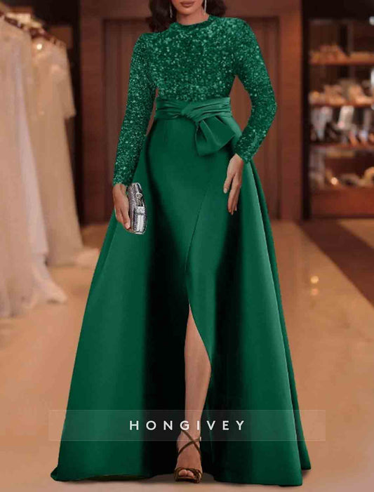 Backless Sequins Long Sleeve A-Line Slit Evening Dress
