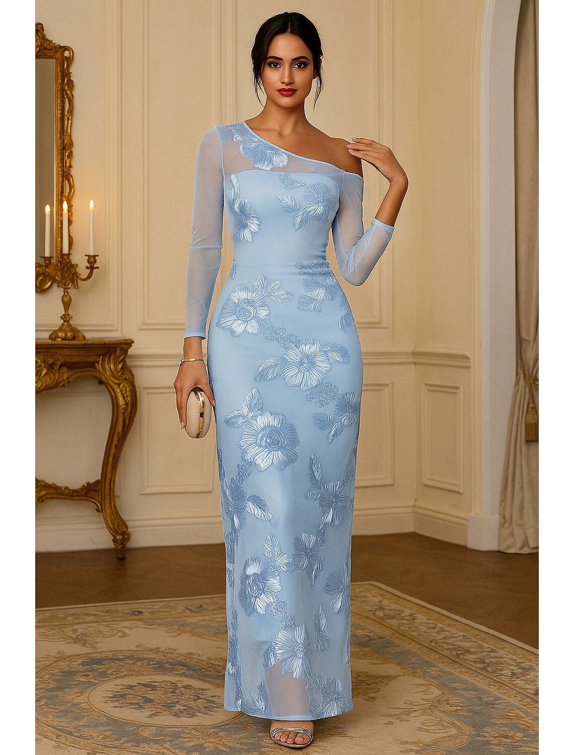 One Shoulder Long SLeeve Sequins Sparkle Ankle-Length Evening Dress