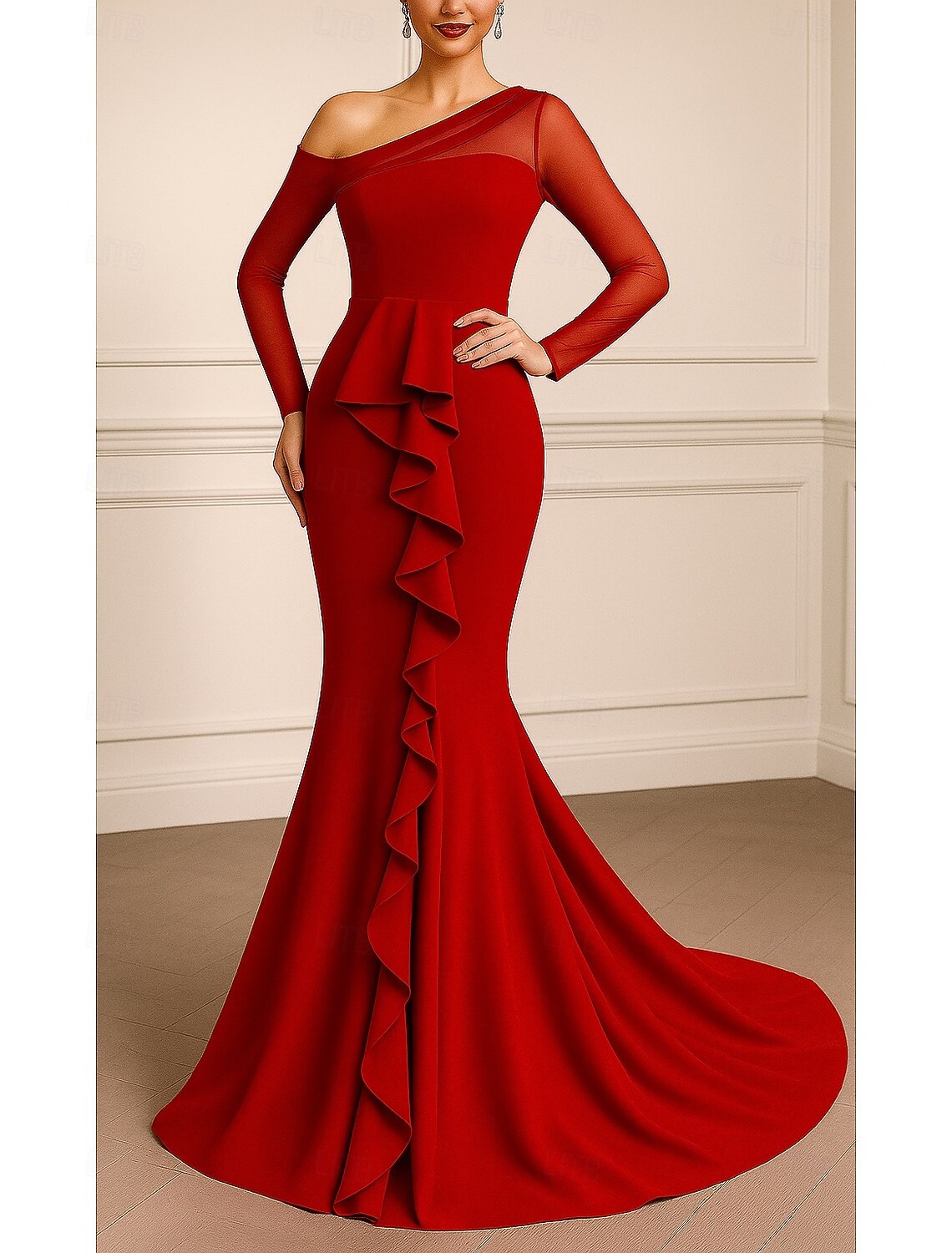 Elegant One Shoulder Long Sleeve Mermaid Floor-Length Evening Sleeve Ruched