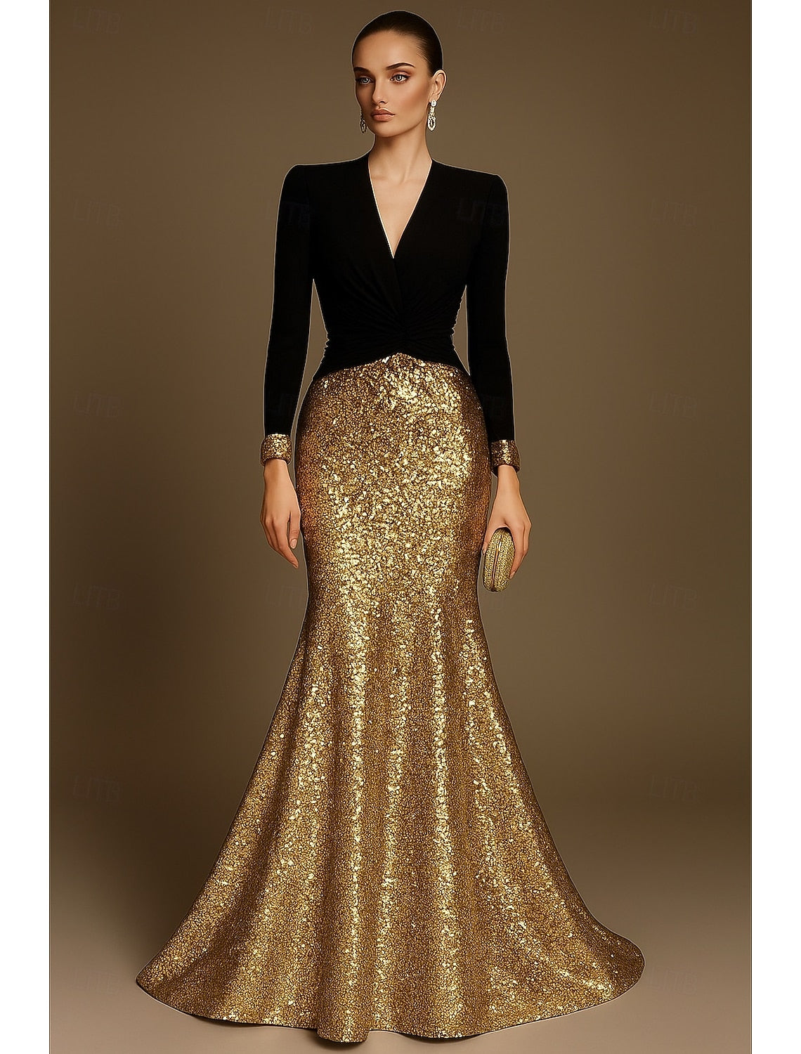 V-Neck Long Sleeves Mermaid Sequined with Glitter Evening Gown