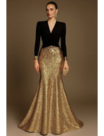 V-Neck Long Sleeves Mermaid Sequined with Glitter Evening Gown