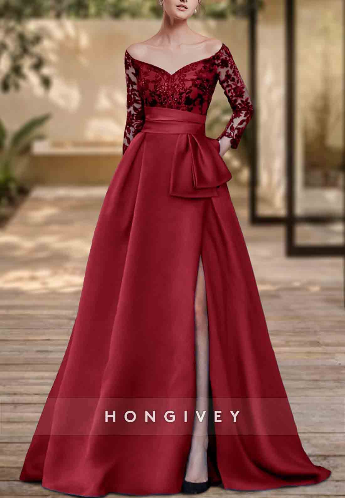 Floor-Length Off the Shoulder Long Sleeves Satin Evening Gowns with High Slit