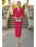 V-Neck Long Sleeve Mermaid Tea-Length Formal Evening Dress