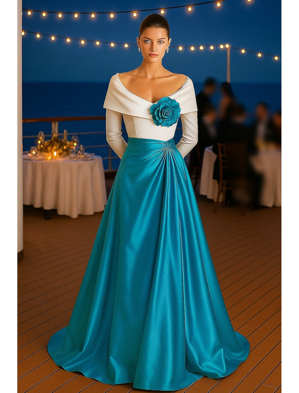 Classic Off the Shoulder Flowers A-Line Long Sleeve Floor-Length Evening Dress