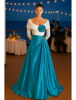 Classic Off the Shoulder Flowers A-Line Long Sleeve Floor-Length Evening Dress