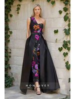 One Shoulder Flowers Sleeveless Jumpsuit Court Train Evening Dress