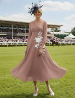 V-Neck Long Sleeve A-Line Applique Ankle-Length Evening Dress