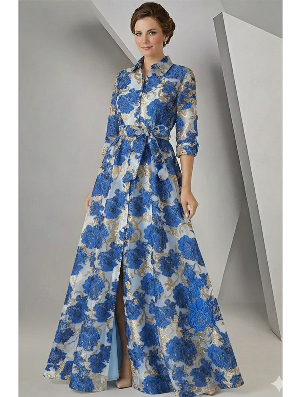 Flowers Floral Print 3/4 Sleeve A-Line Women Evening Dress
