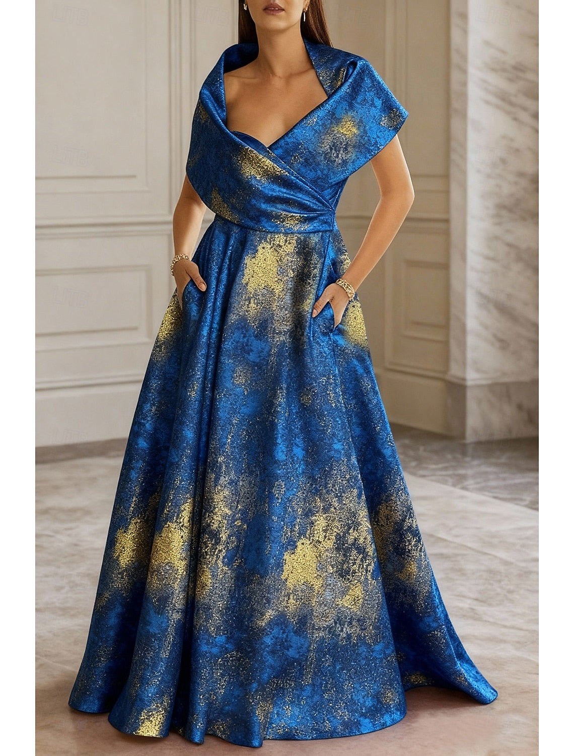 Elegant Blue Jacquard Brocade A-Line Evening Gown with Pocket