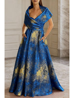 Elegant Blue Jacquard Brocade A-Line Evening Gown with Pocket