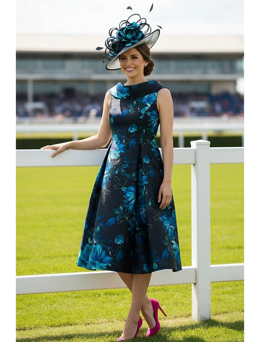 Sleeveless Floral Prin Flowers A-Line Tea-Length Evening Dress