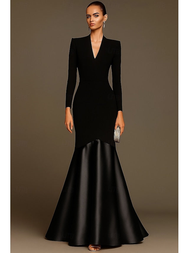 Black V-Neck Long Sleeve Mermaid Floor-Length Women Evening Dress