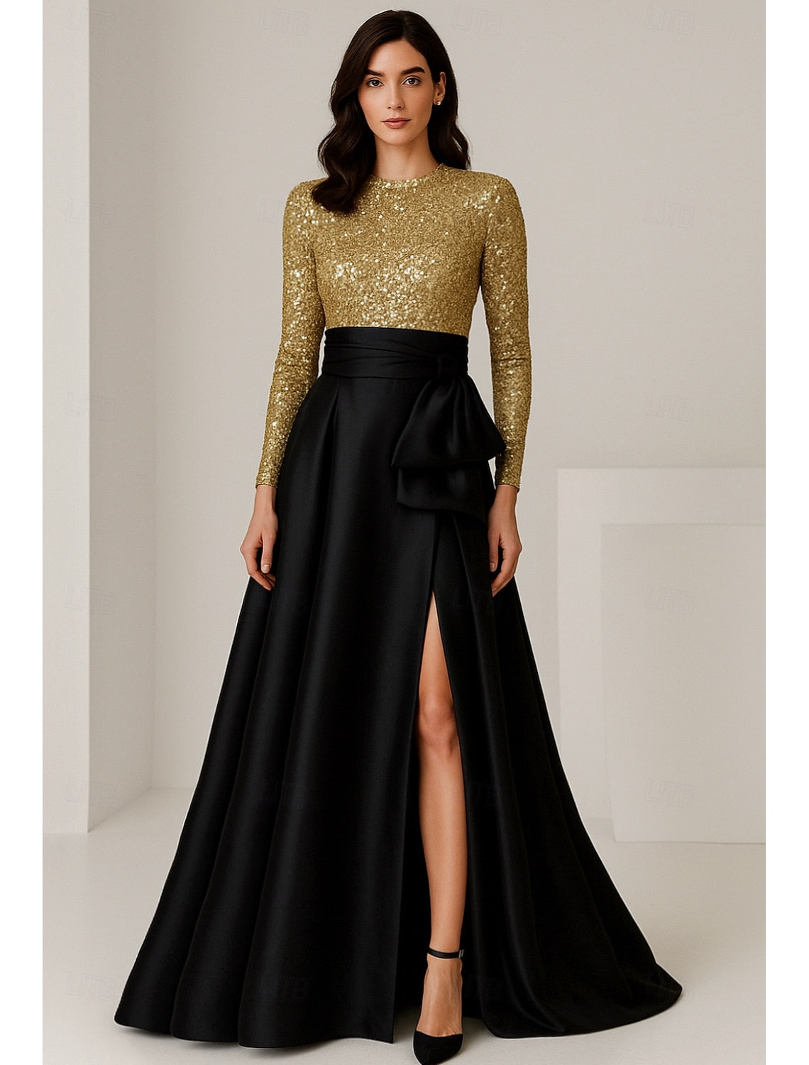 Glod Sequins Sparkle Long Sleeve Black A-Line Side Slit Evening Dress