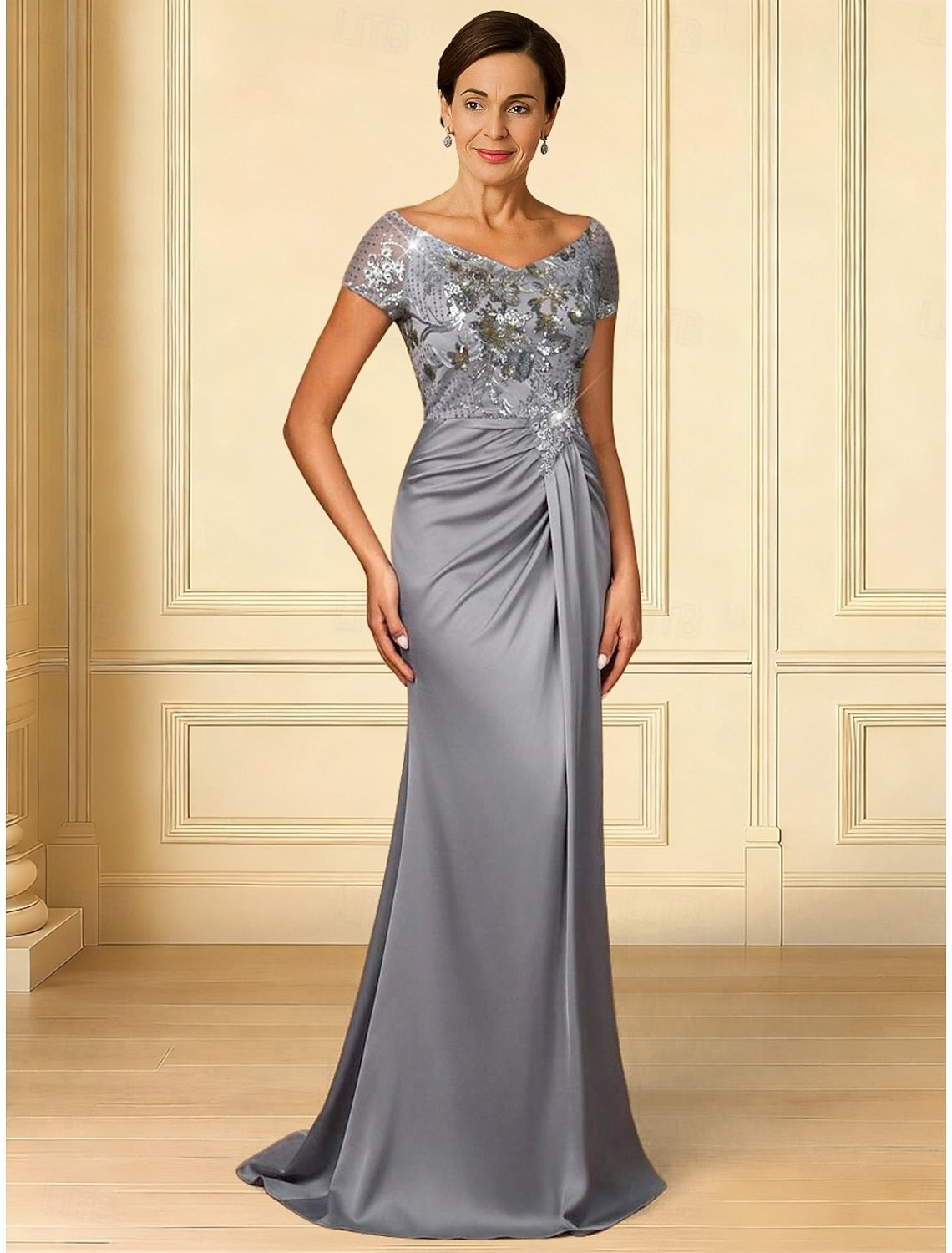 Half Sleeves Mother of Bride Mermaid Floor-Length Sequins Applique Evening Sleeve