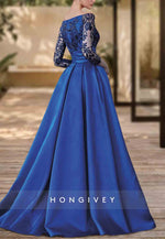 Floor-Length Off the Shoulder Long Sleeves Satin Evening Gowns with High Slit