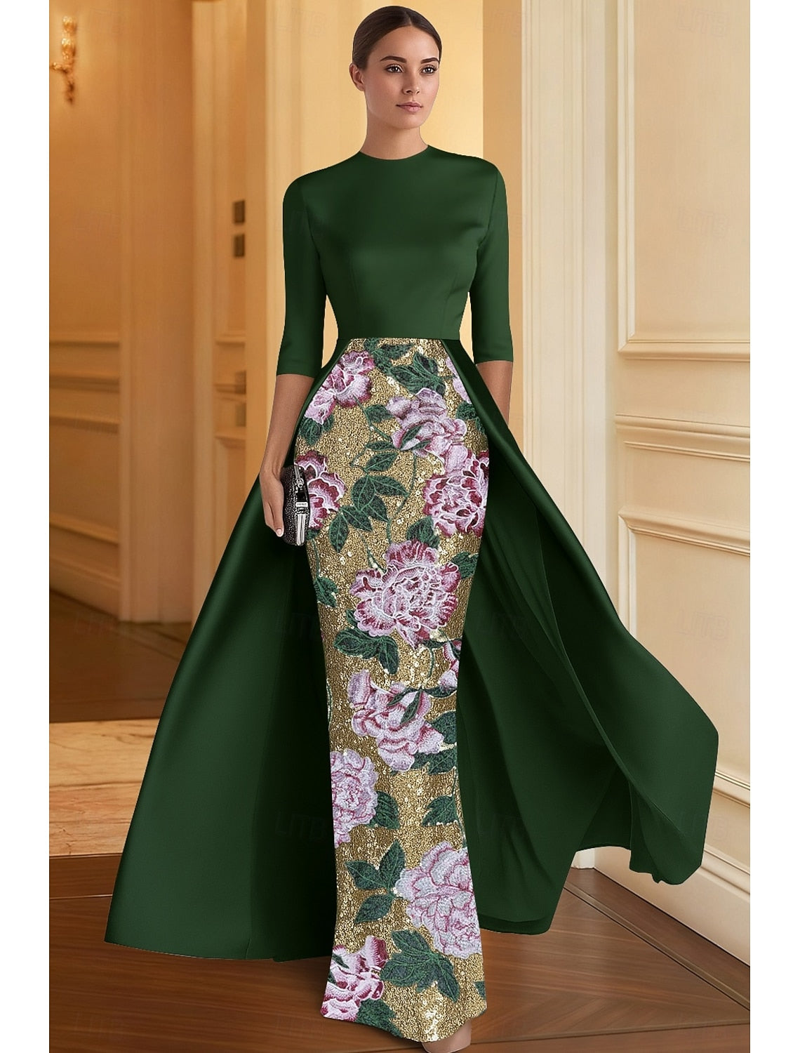 A-Line Floor Length 3/4 Sleeve Evening Gown Ball Gown with Overskirt Formal Dress Elegant Glittering Sparkle Half Sleeve Crew Neck Formal Wedding Satin Sequined with Slit Embroidery